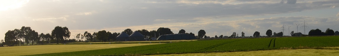Sonnenstrahlen über Getreideacker mit Biogasanlage
